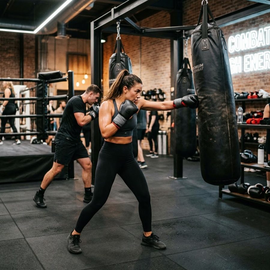Mujer lanzando un jab a un saco de boxeo en la zona de combate