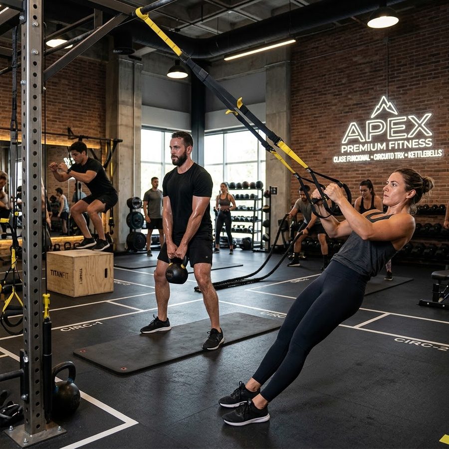Clase funcional con TRX y kettlebells en circuito
