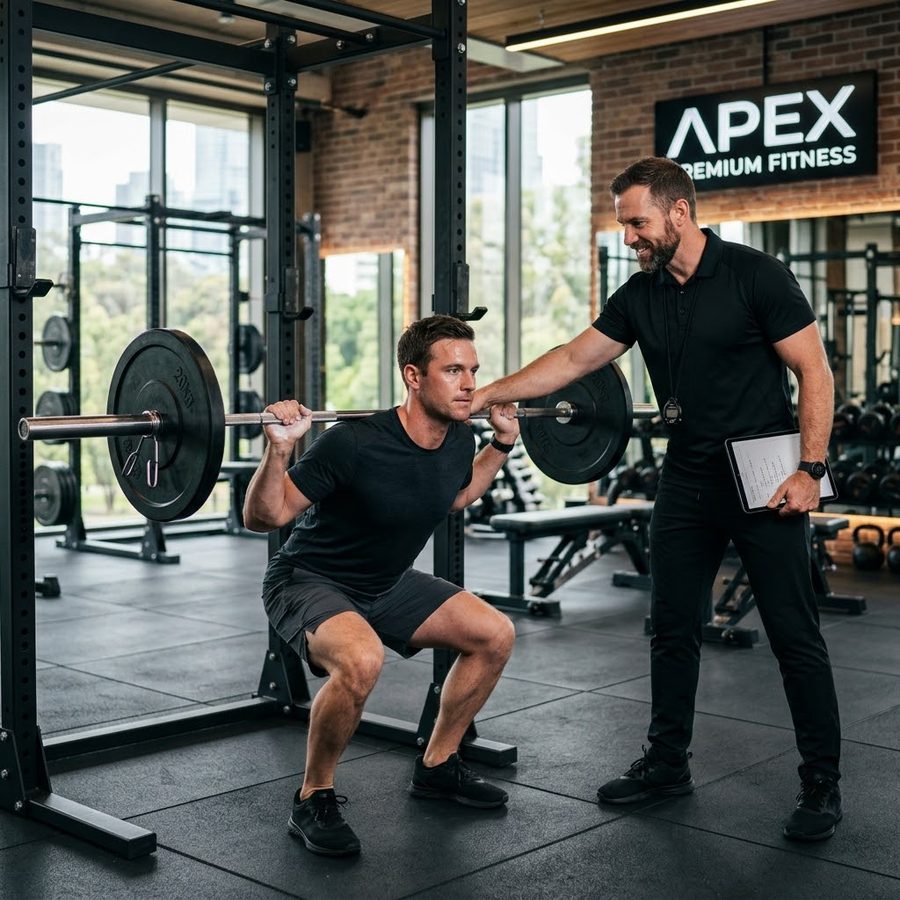 Coach corrigiendo la sentadilla con barra de un atleta dentro del rack