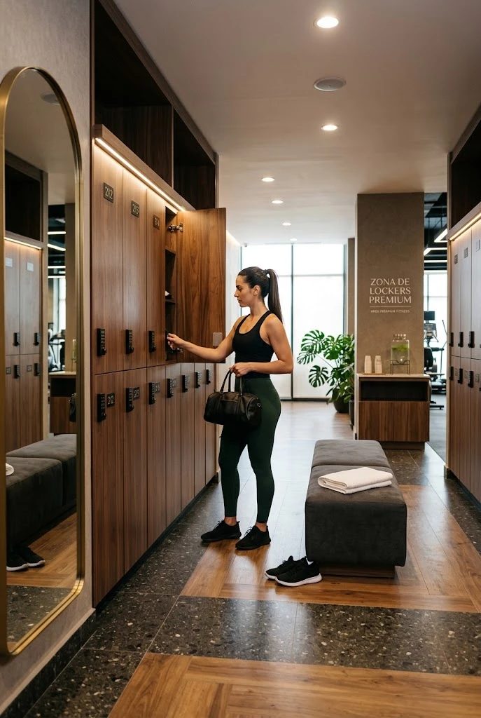 Zona de lockers premium de APEX con casilleros de madera, cerradura digital y banca tapizada